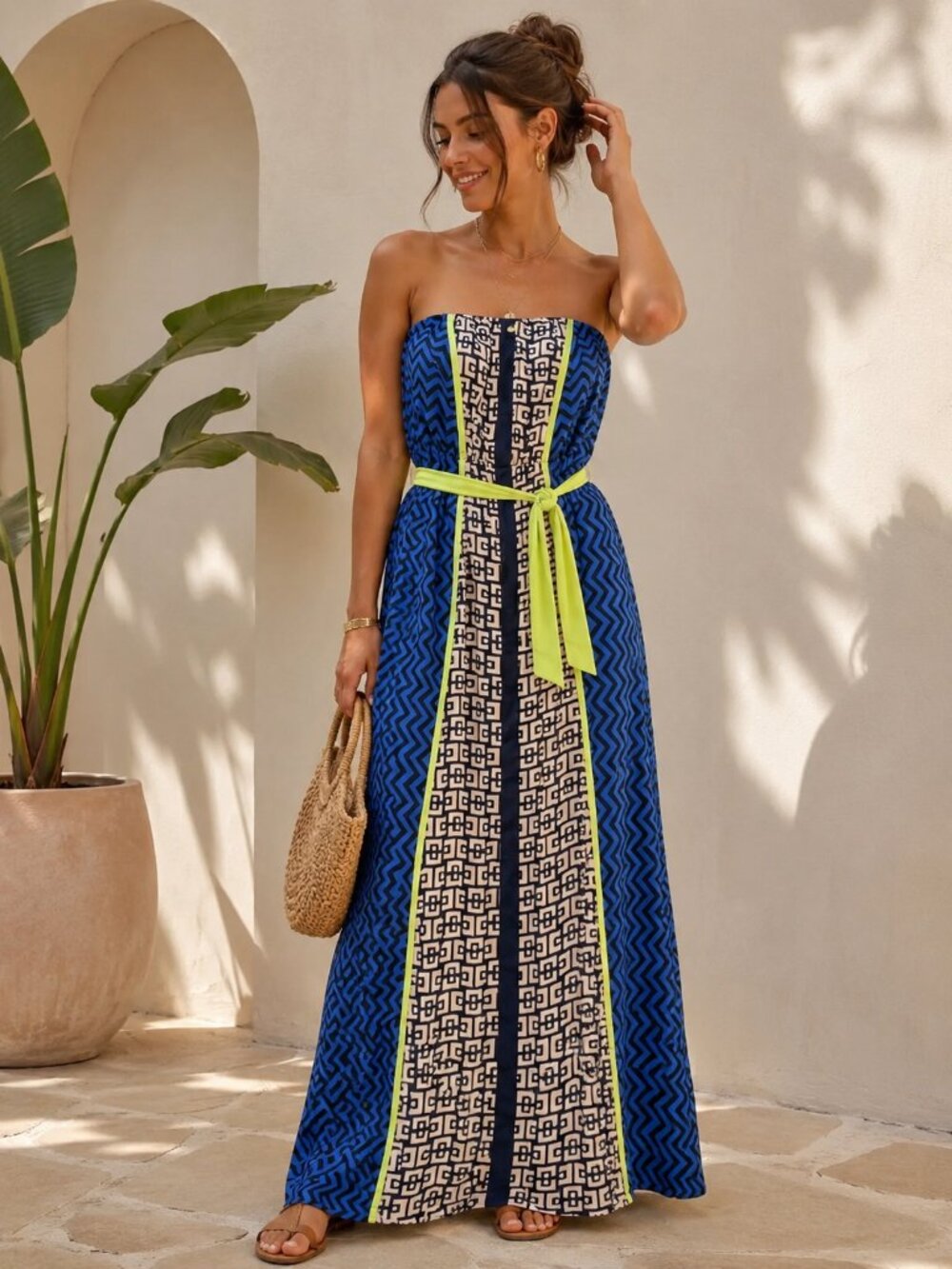 Boho Strapless Maxi Dress Tie Waist Beach Resort Vacation Small